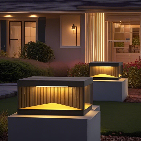 Outdoor column lights Stainless Steel backyard model Square Metal Striped Decor LED Waterproof Black Solar Fence Post Light