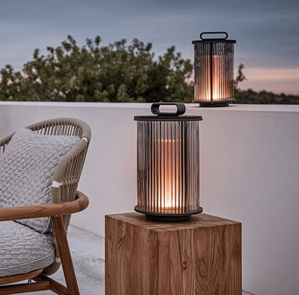 Striped Glass Cylindrical Waterproof Portable Solar Outdoor Lantern