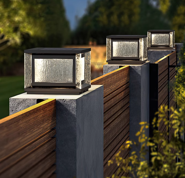 Solar Post Lights Outdoor column lights, Pillar Fence LED Post Cap Lights Solar Powered Lantern, Modern Deck Column Lamp,  LED Patio Garden Decoration Lighting with IP65 Waterproof, Glass Lampshade