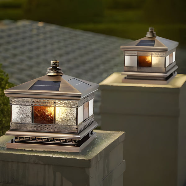 European Square Hardwired/Solar Copper Outdoor Column Light with Glass Shade  Bronze