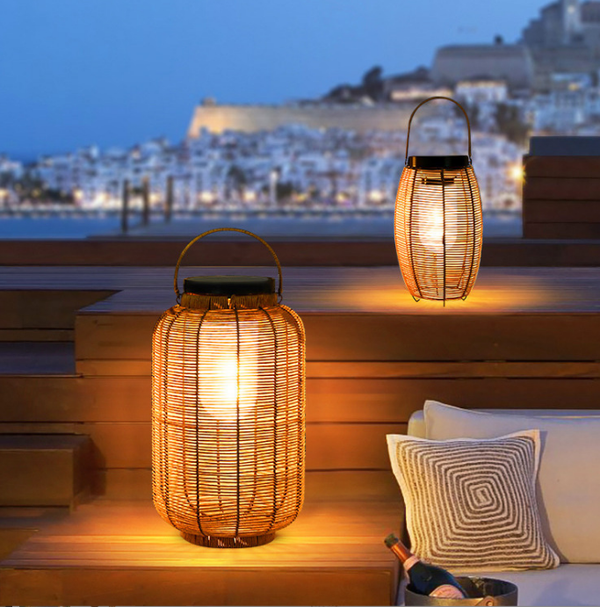 Portable Lantern Rattan LED Waterproof Solar Outdoor Lights Floor Lamp
